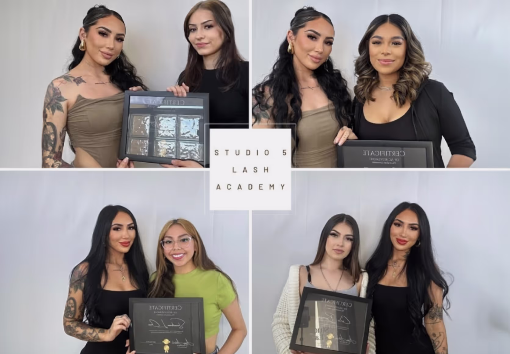 Collage of group of new certified lash artists with their trainer, celebrating successful lash training completion.