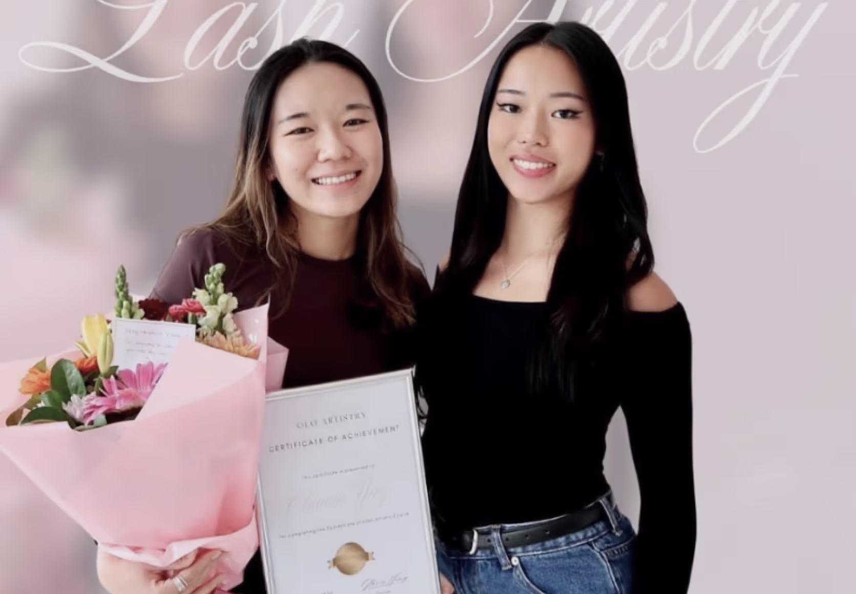 Trainer and student holding framed lash certification diplomas in beauty studio setting