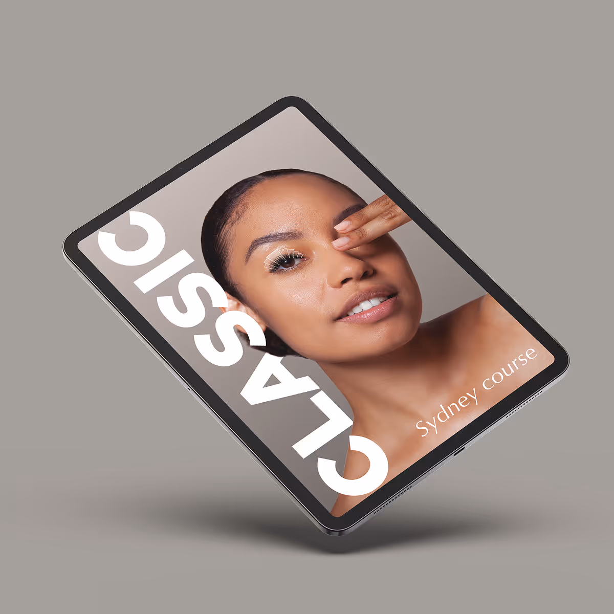 Classic Eyelash, Extension Course Sydney – tablet mockup with model and course title.