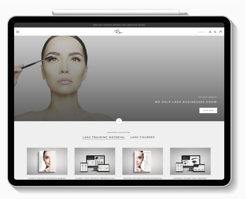 RM Lash & Beauty Academy's e-commerce website mockup image on tablet scree.